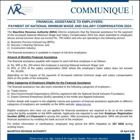 Document preview: Financial Support for Employers: 2024 Minimum Wage and Salary — Work & employment (CERFA n°CommuniqueFA260424)