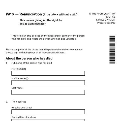 Document preview: How to Renounce Probate Rights Using Form PA16: Step-by-Step Process — Legal & justice