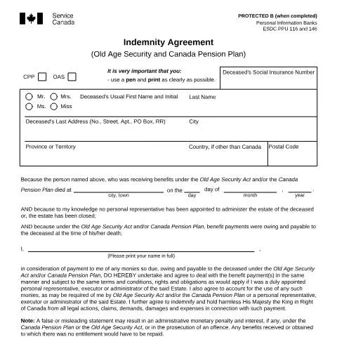 Document preview: Understanding the Indemnity Agreement for OAS and CPP — Government & admin (CERFA n°ISP0425OAS)