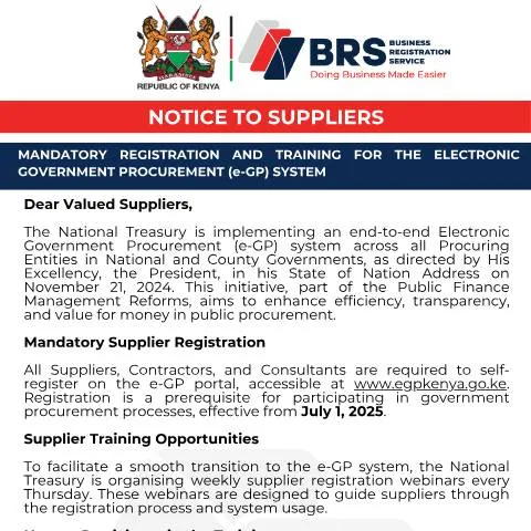 Document preview: Understanding the Notice to Suppliers in Kenya's e-GP System — Government & admin (CERFA n°Notice-to-suppliers)