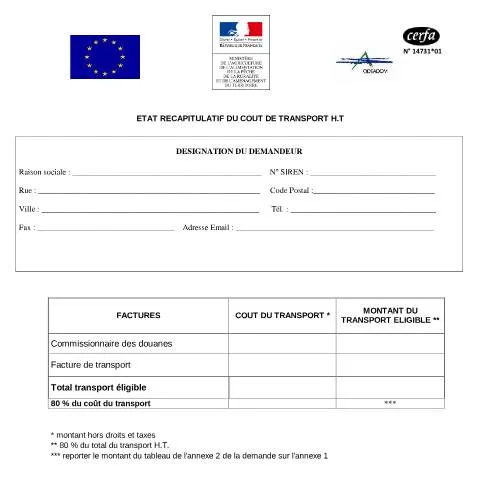 Aperçu du document Document 14731*01 : traçabilité comptable des coûts de transport — Démarches administratives (CERFA n°14731*01)
