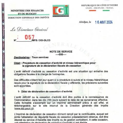 Aperçu du document Procédure de cessation d'activité selon la DGI — Démarches administratives
