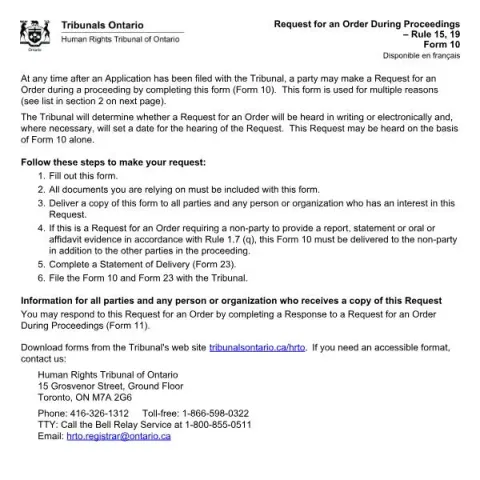Document preview: Understanding the HRTO Request for an Order During Proceedings, Form (English / French) — Legal & justice (Form 10)