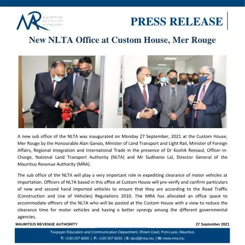 Document preview: Inauguration of NLTA Office Enhances Vehicle Importation Process — Government & admin (CERFA n°PressRelease270921)