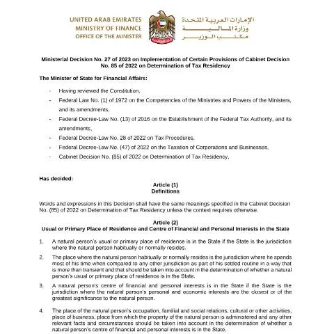 Document preview: UAE Ministerial Decision No 27 of 2023 on Tax Residency Implementation — Taxes (CERFA n°Ministerial Decision No (27) of 2023)