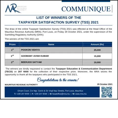 Document preview: 2021 Taxpayer Satisfaction Survey Winners Announced — Taxes (CERFA n°CommuniqueTSSDraw291021)