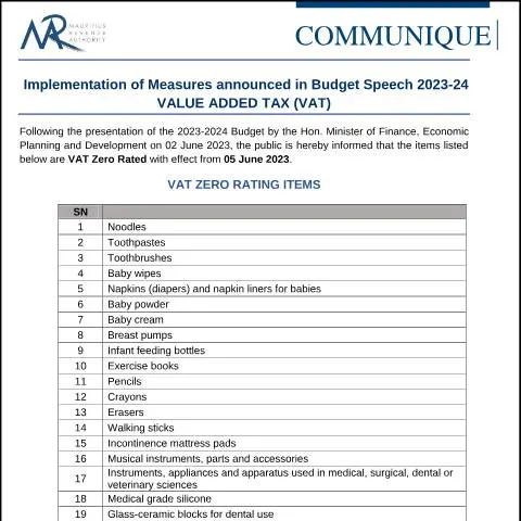 Document preview: Mauritius VAT Measures Implemented for Budget Year 2023-24 — Taxes (CERFA n°CommuniqueVAT030623)