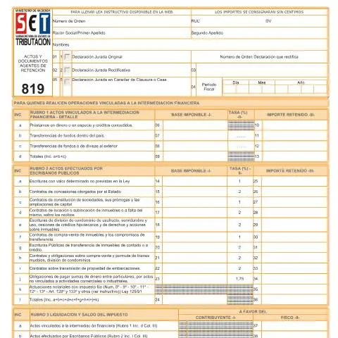 Vista previa del documento Formulario 819 para declaraciones juradas en Paraguay — Impuestos (CERFA n°F819)