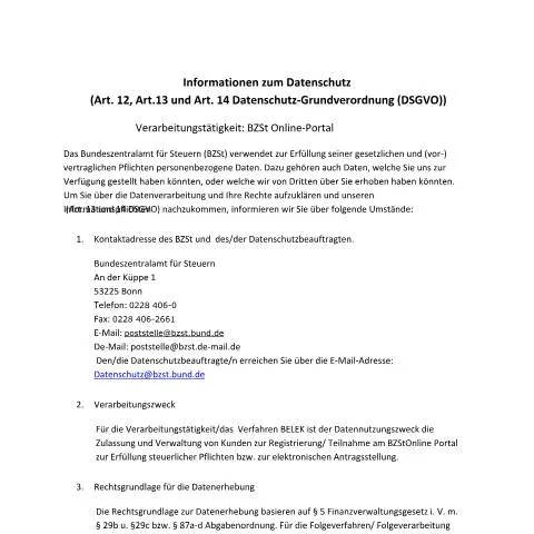 Dokumentvorschau: Datenschutz im BZStOnline-Portal — Behörden & Verwaltung (CERFA n°BZStOnline-Portal)