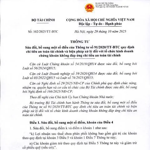 Document preview: Sửa đổi quy định an toàn tài chính với Thông tư 102/2025/TT-BTC — Thuế & tài chính (CERFA n°102/2025/TT-BTC)