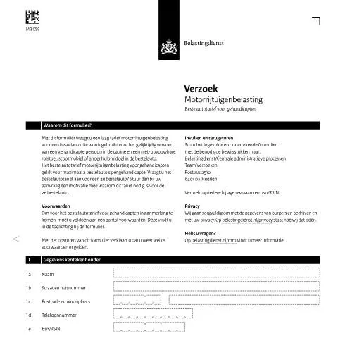 Documentvoorvertoning: Aanvraagformulier voor motorrijtuigenbelasting voor gehandicapten — Belastingen (CERFA n°mb0592z19fol)