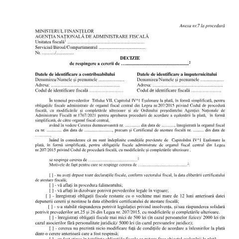 Document preview: Consecințele respingerii cererii de eșalonare la plată — Impozite & fiscalitate (CERFA n°A7_OPANAF_1767_2021)