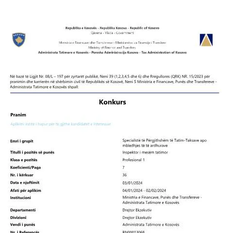 Document preview: Mundësi Rekrutimi në Administratën Tatimore të Kosovës — Punë & punësim