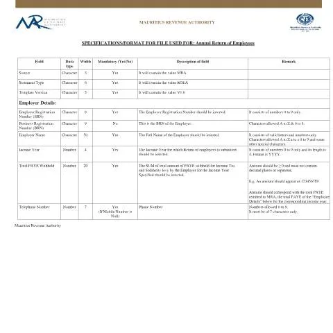 Document preview: Understanding the e-File Specifications for Employees in Mauritius — Government & admin (SpecsROECSV_2020)