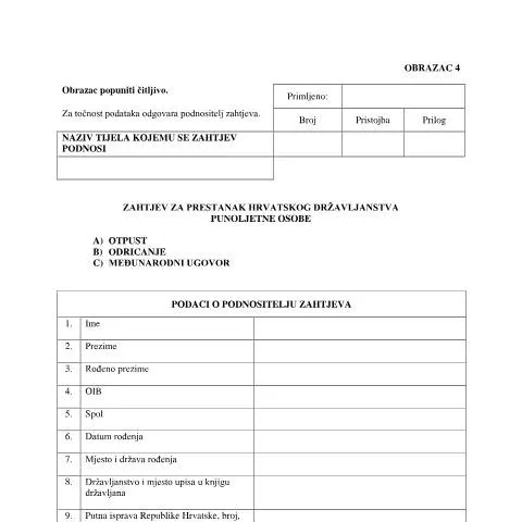 Document preview: Razumijevanje OBRAZAC-4 za prestanak hrvatskog državljanstva — Administrativni postupci (CERFA n°OBRAZAC-4)