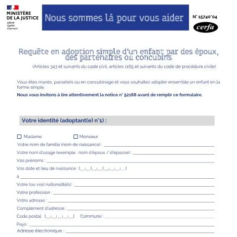 Aperçu du document Formulaire 15740*04 : procédure d'adoption simple pour couples — Famille (CERFA n°15740*04)
