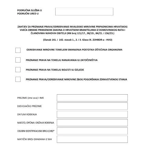 Document preview: Postupak podnošenja zahtjeva za invalidsku mirovinu HVO u Hrvatskoj — Mirovina i penzija (CERFA n°Tiskanica_zahtjeva_za_invalidsku_mirovin)