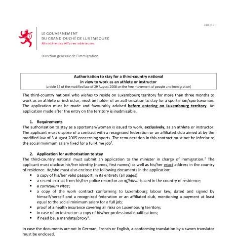 Aperçu du document Guide sur l'autorisation de séjour pour athlètes au Luxembourg — Emploi & travail (CERFA n°note-explicative-sportif)