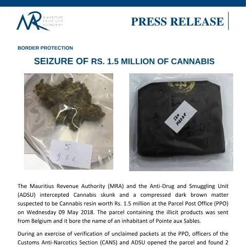 Document preview: Mauritius Border Seizure of Cannabis — Government & admin (PressRelease100518)