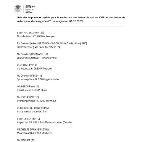 Aperçu du document Comprendre les lettres de voiture CMR pour le transport en Belgique — Démarches administratives (CERFA n°152-imprimeurs-agrees-cmr-20260201)