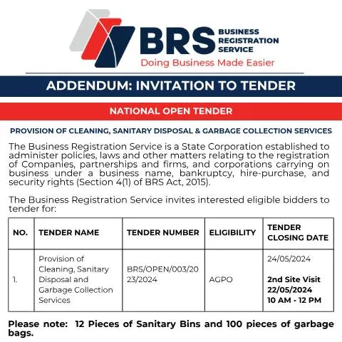 Document preview: Understanding Kenya's National Open Tender for Sanitation Services — Government & admin (CERFA n°Addendum-National-Open-Tender_Provision-of-Cleaning-sanitary-disposal-Garbage-Collection-services-2)