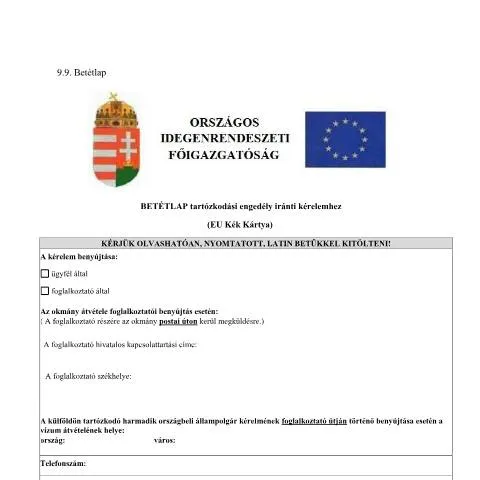 Document preview: EU Kék Kártya: Tartózkodási engedély kérelem — Bevándorlás & vízumok