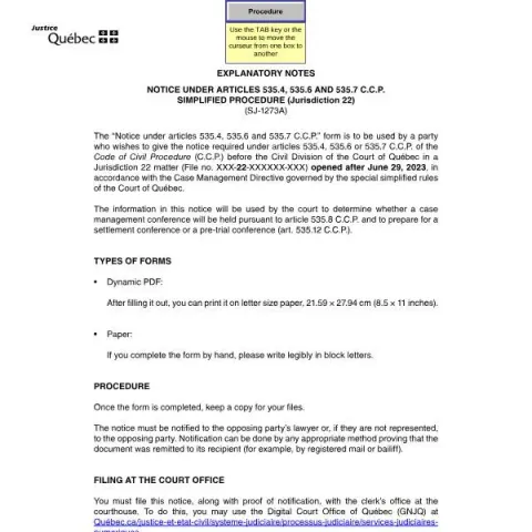 Document preview: Understanding the SJ-1273A Notice in Quebec's Civil Division — Legal & justice (SJ-1273A)