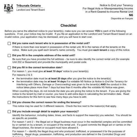 Document preview: Ontario Notice to End Tenancy for Illegal Acts or Income — Housing (N6)