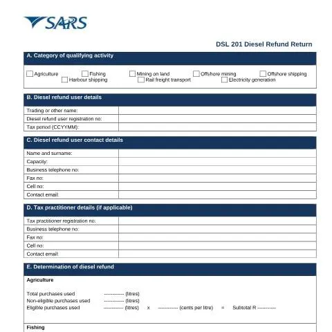 Document preview: Understanding the DSL 201 Diesel Refund Return — Taxes (CERFA n°DSL 201)