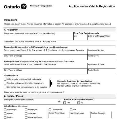 Document preview: Understanding the Vehicle Registration Application in Canada (English / French) — Vehicle & driving (SR-LV-006E)