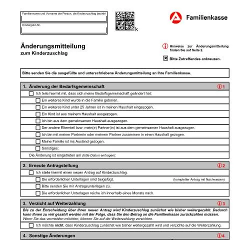 Dokumentvorschau: Wichtige Informationen zur Änderungsmitteilung KiZ 45 — Familie (CERFA n°aenderung-kinderzuschlag-kiz45_ba031575)