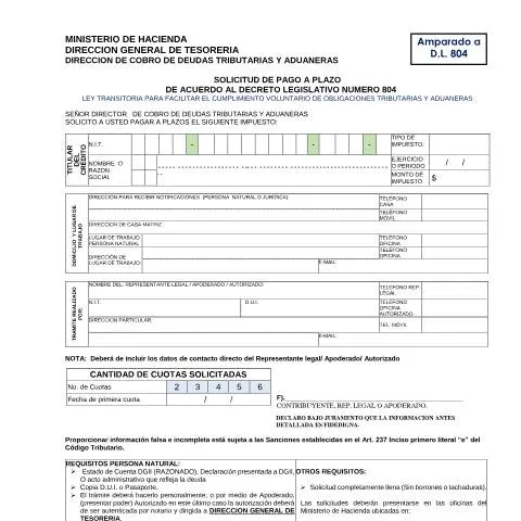 Vista previa del documento Gestiona tu Deuda con la Solicitud de Pago a Plazo D.L. 804 — Impuestos (CERFA n°PMHDC8296)