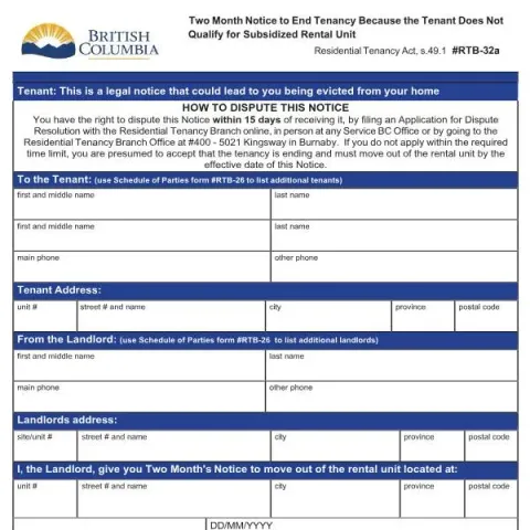 Document preview: Understanding the Two Month Notice for Non-Qualification in Canada — Housing (RTB-32a)