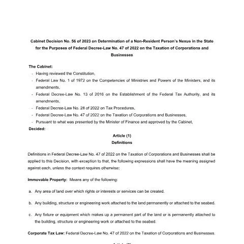 Document preview: Understanding UAE Cabinet Decision No 56 of 2023 on Non-Resident Tax — Taxes (CERFA n°Cabinet Decision No (56) of 2023)