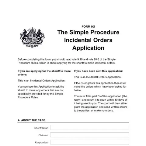 Document preview: Request Incidental Orders with Form 9G in Scottish Courts — Legal & justice (Form 9G)