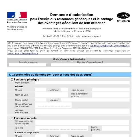 Aperçu du document Demande d'autorisation d'accès aux ressources génétiques — Démarches administratives (CERFA n°15785*02)