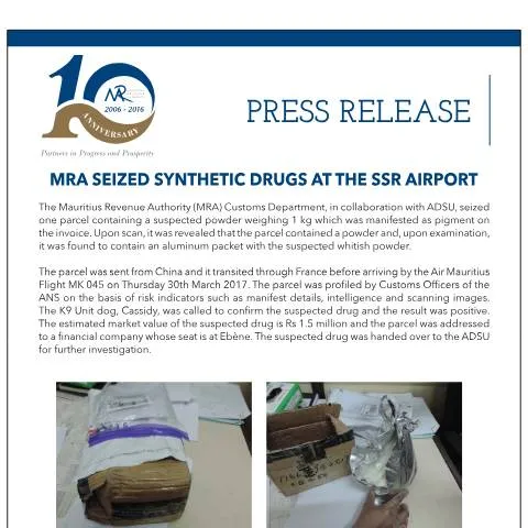 Document preview: MRA's Major Drug Seizure Highlights Customs Vigilance — Government & admin (PressReleaseNo1)