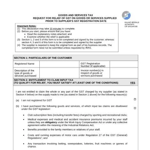 Document preview: Guide to IRAS Request for Relief of GST on Pre-Registration Supplies — Taxes (CERFA n°REQUEST-FORM-FOR-SUPPLIES-MADE-BY-NEW-REGISTRANTS-DOC)