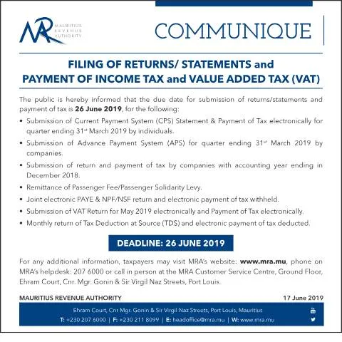 Document preview: Essential Guide to Tax Filing and Payment in Mauritius — Taxes (Communique170619)