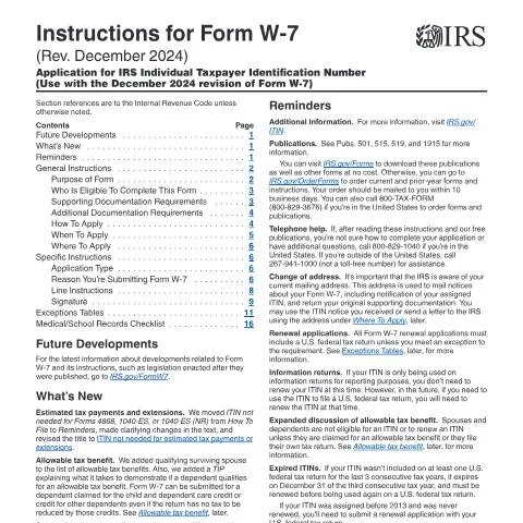 Document preview: Comprehensive Overview of IRS Form W-7 Instructions — Taxes (CERFA n°INST-W7)