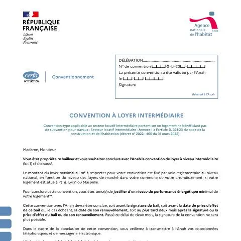 Aperçu du document Demander une convention Anah sans travaux pour loyer intermédiaire — Logement (CERFA n°12807*08)