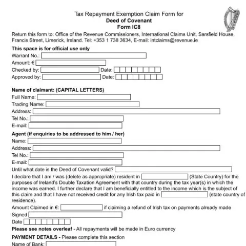 Document preview: Tax Repayment Exemption Claim Form IC8 — Taxes (IC8)