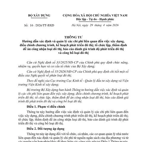 Document preview: Phân tích Thông tư 16/2026/TT-BXD về chi phí đô thị — Thủ tục hành chính (CERFA n°16/2026/TT-BXD)