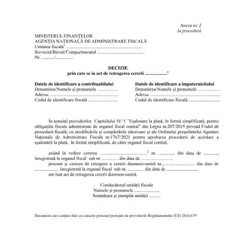 Document preview: Ghid pentru retragerea cererii conform OPANAF 1767 2021 — Impozite & fiscalitate (CERFA n°A2_OPANAF_1767_2021)