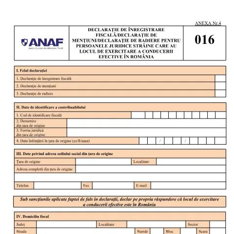Document preview: Înregistrarea Fiscală a Persoanelor Juridice Străine în România — Impozite & fiscalitate (CERFA n°D_016_OPANAF_15_2026)