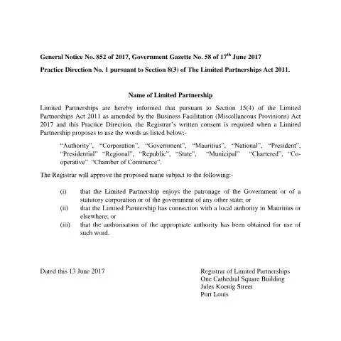 Document preview: Mauritius Limited Partnership Naming Guidelines — Government & admin (GENERAL-NOTICE-NO.-852-OF-2017-GOVERNMENT-GAZETTE-NO.-58-OF-17TH-JUNE-2017)