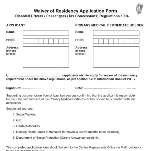Document preview: Understanding the Waiver of Residency Application Form in Ireland — Taxes (RPC019202_EN_WB_L_1)