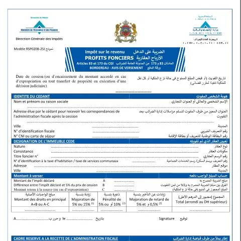 Aperçu du document Déclaration de la taxe sur les bénéfices immobiliers au Maroc — Impôts & fiscalité (CERFA n°RSP020B-25I)