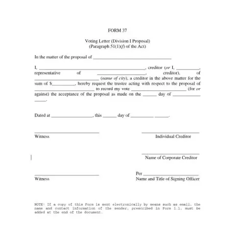 Document preview: Guide to Form 37 Voting Letter in Canadian Bankruptcy Proceedings — Legal & justice (Form 37)