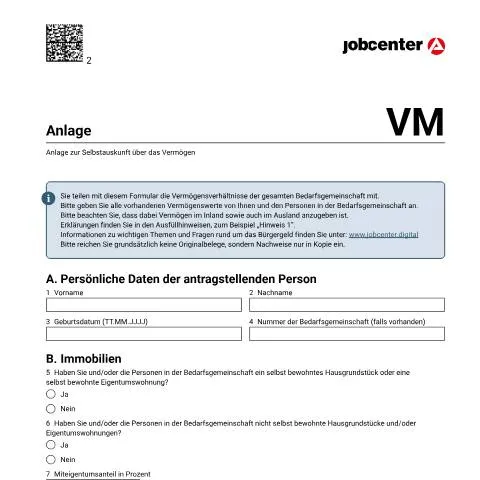 Dokumentvorschau: Vermögensauskunft für Bürgergeld - Anlage VM — Familie (CERFA n°anlagevm_ba033055)